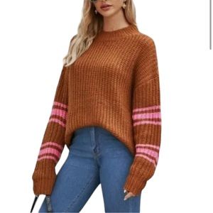 AERIE Tan Brown Crewneck Stripe Knit Sweater Mohair Wool Oversized XS
